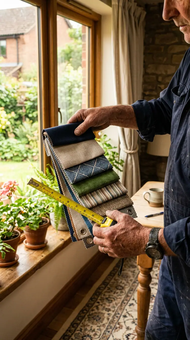 Placeholder photo of the owner with fabric swatches and a tape measure by a window