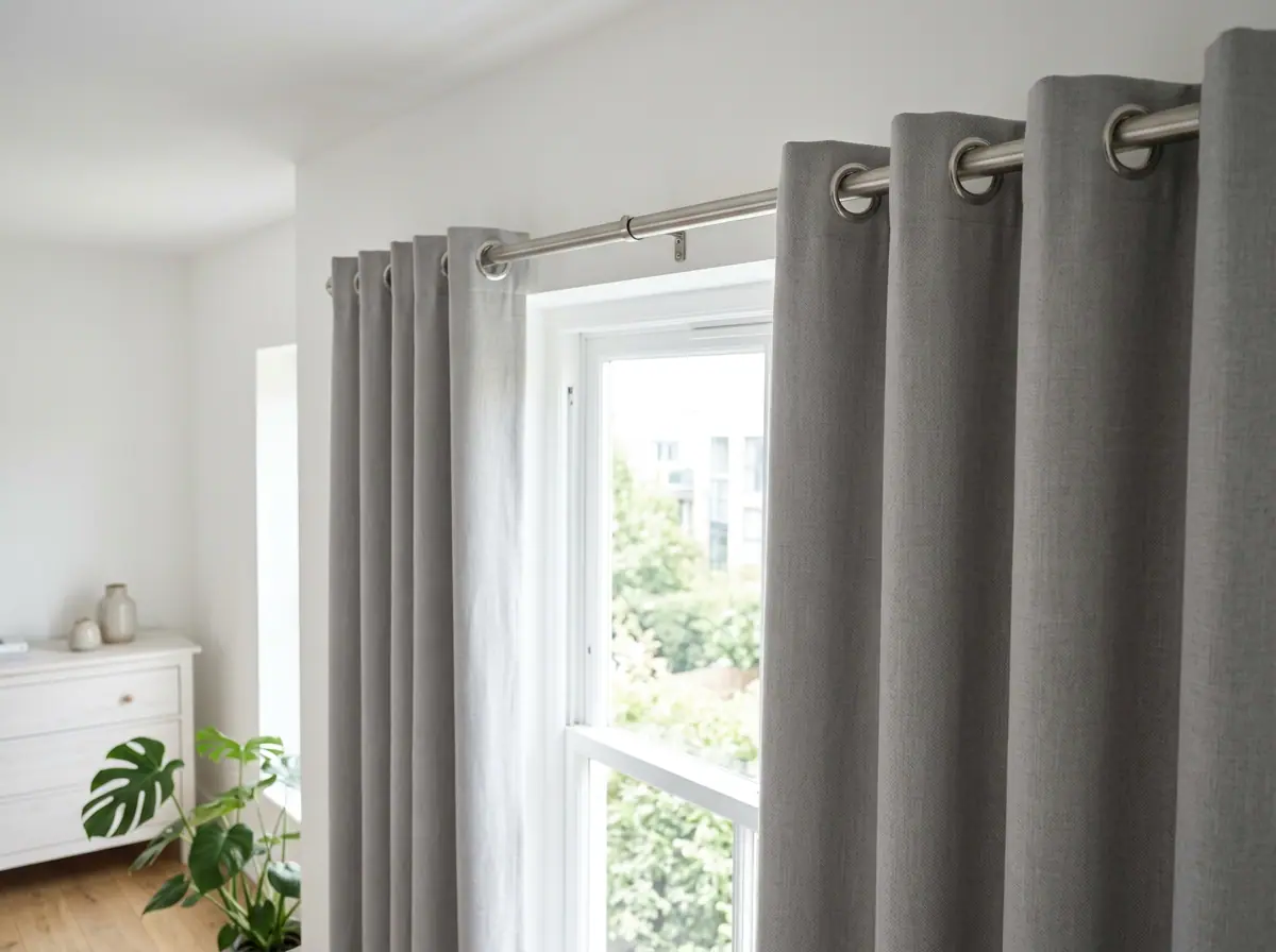 Soft grey eyelet curtains in a child’s bedroom