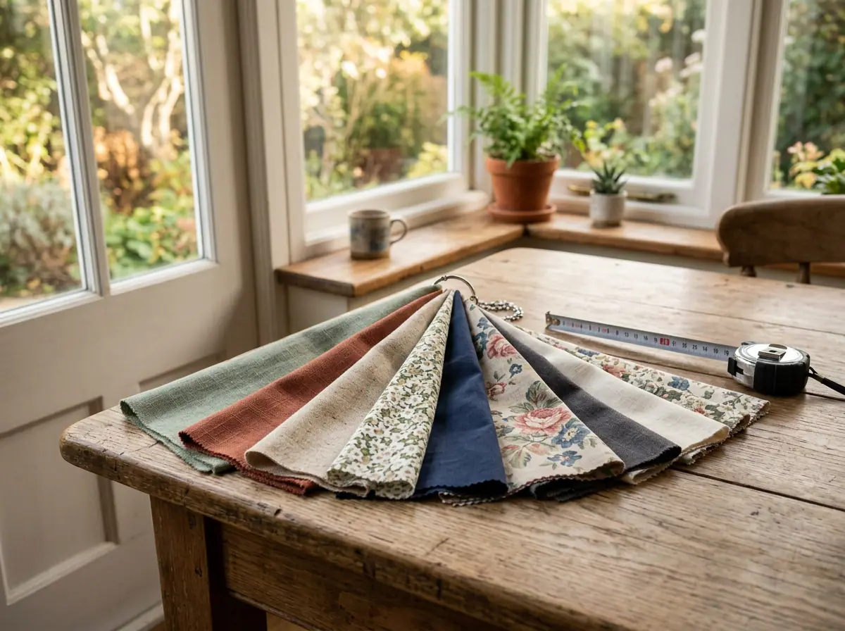 Fabric swatches and a tape measure held beside a sunlit window
