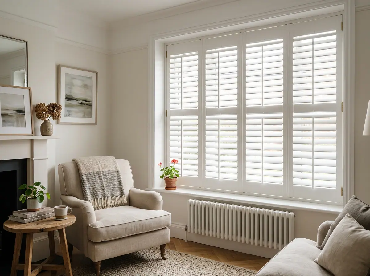 White full-height shutters on a bay window