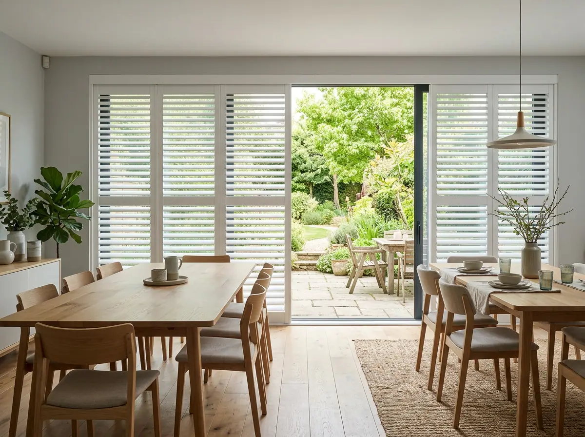 Tracked white shutters across patio doors